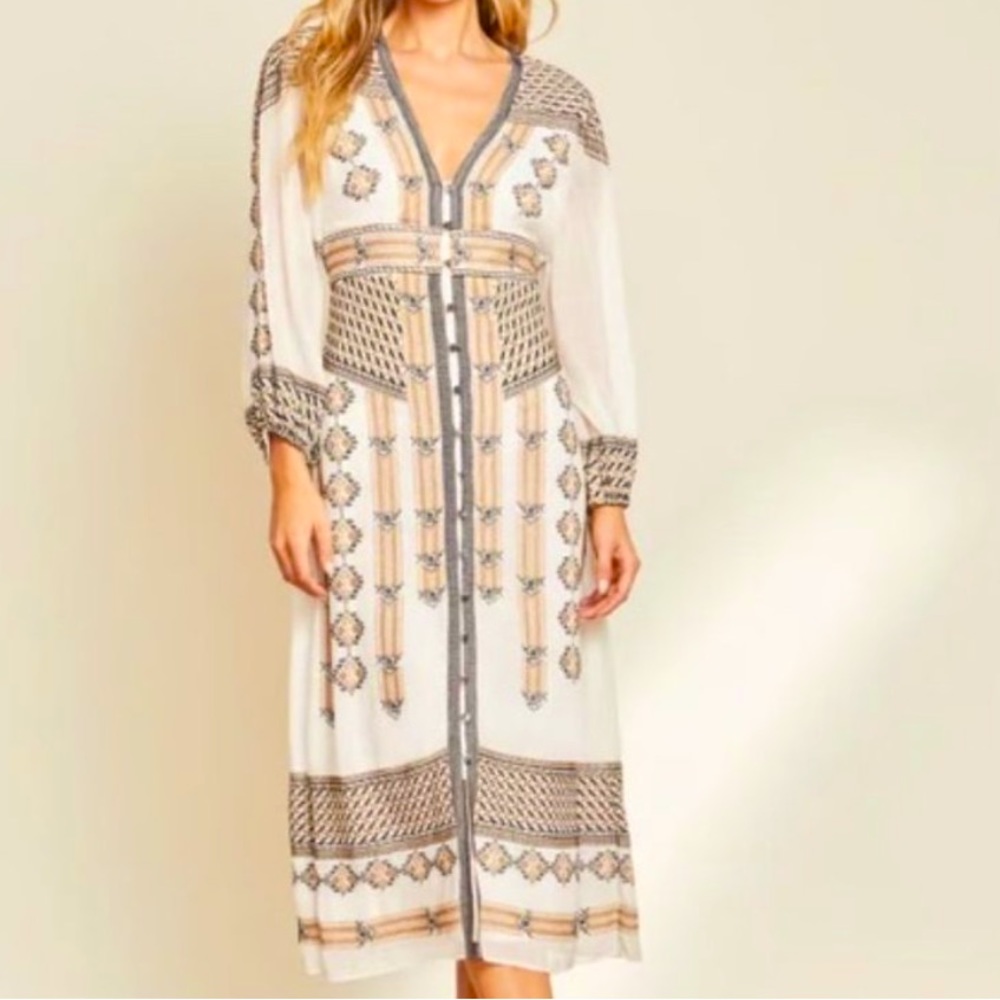 Veronica Beard  Julianna Embroidered Long Sleeve Midi Dress Maximalist Boho Chic
